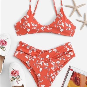 SHEIN red floral cutout bikini, size small